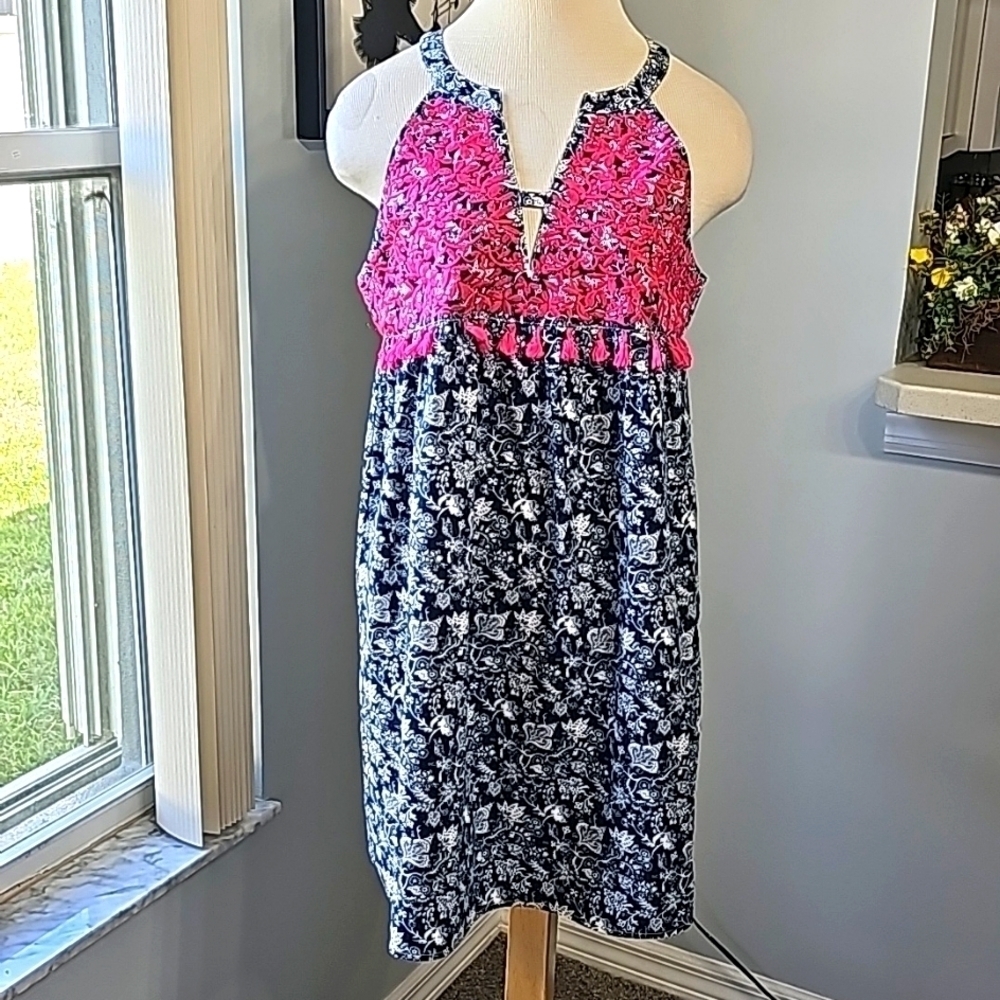 THML Pink & Navy Tassel-Trim Halter Mini Dress